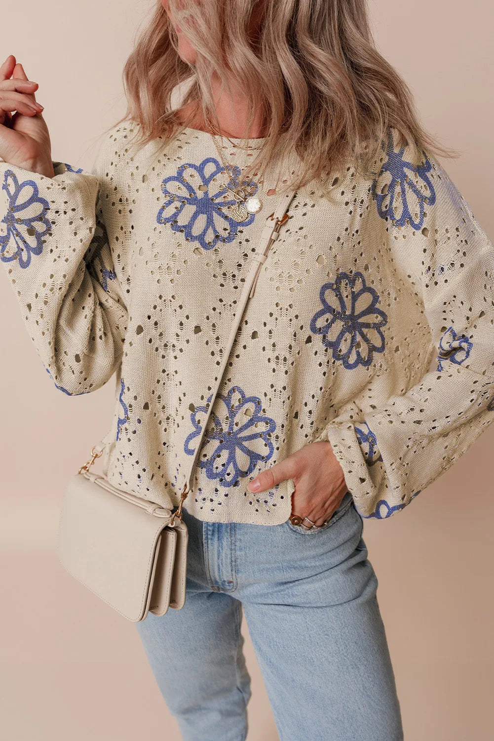 Openwork Long Sleeve Knit Top