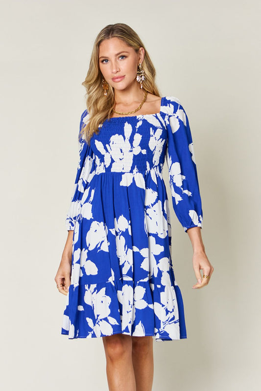 Double Take Floral Ruffle Hem Smocked Dress with Pockets