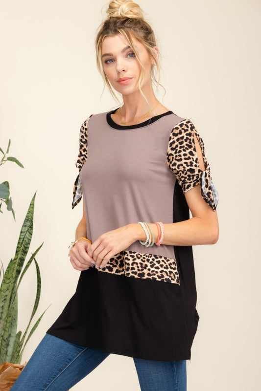 Celeste Open Tie Sleeve Leopard Color Blocked Top