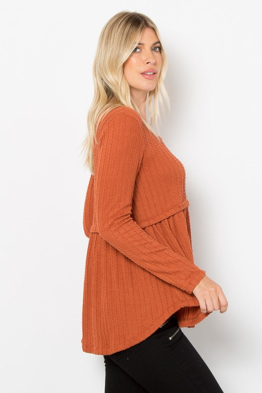 Be Stage Texture Babydoll Long Sleeve Knit Top