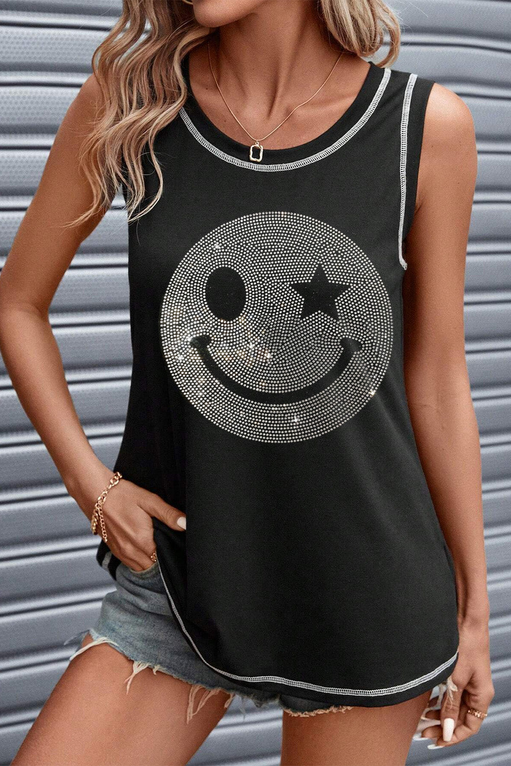 Rhinestone Smile Face Tank