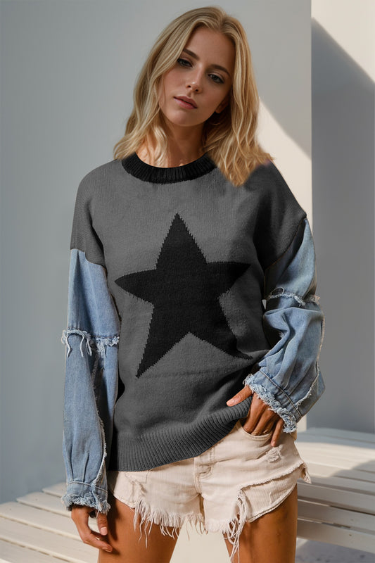 Double Take Star Pattern Raw Edge Long Sleeve Sweater