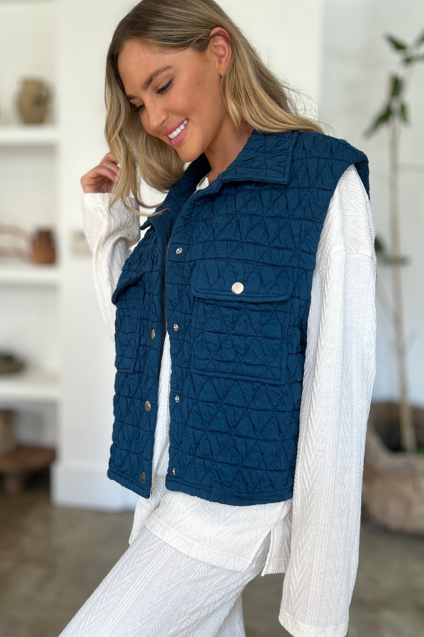 Double Take Pocketed Texture Snap Down Vest