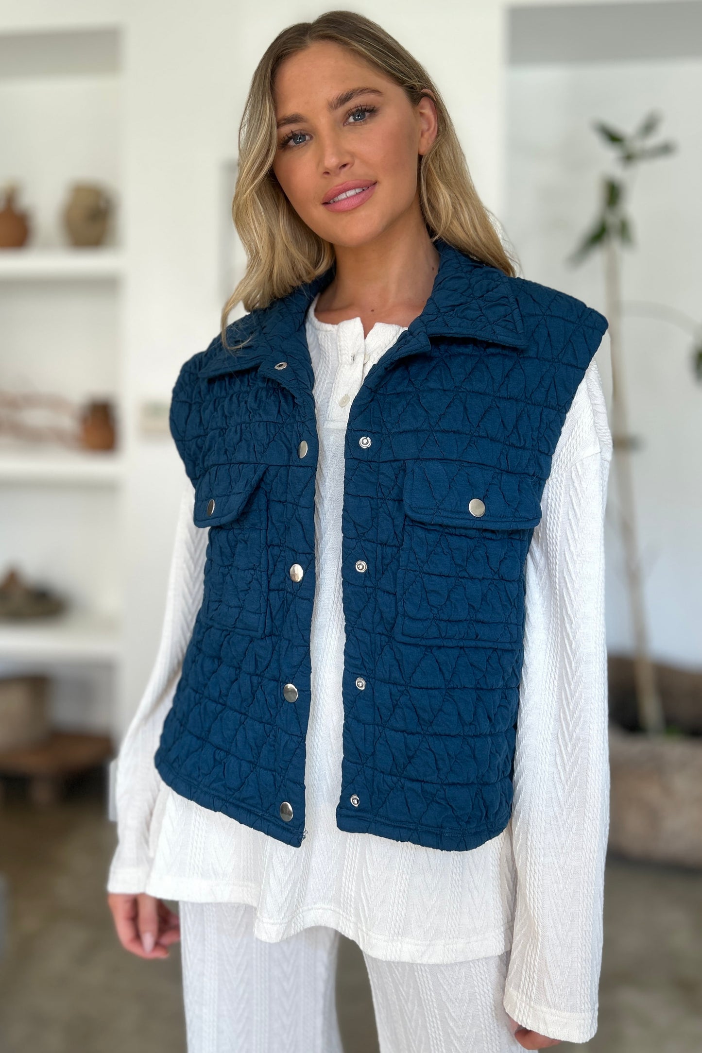 Double Take Pocketed Texture Snap Down Vest