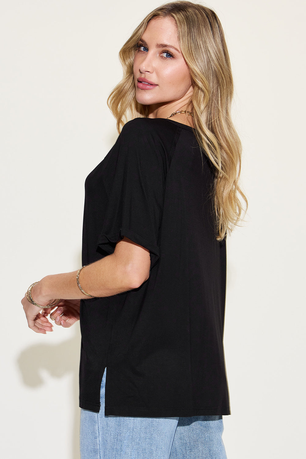 Basic Bae Bamboo Slit V-Neck Short Sleeve T-Shirt