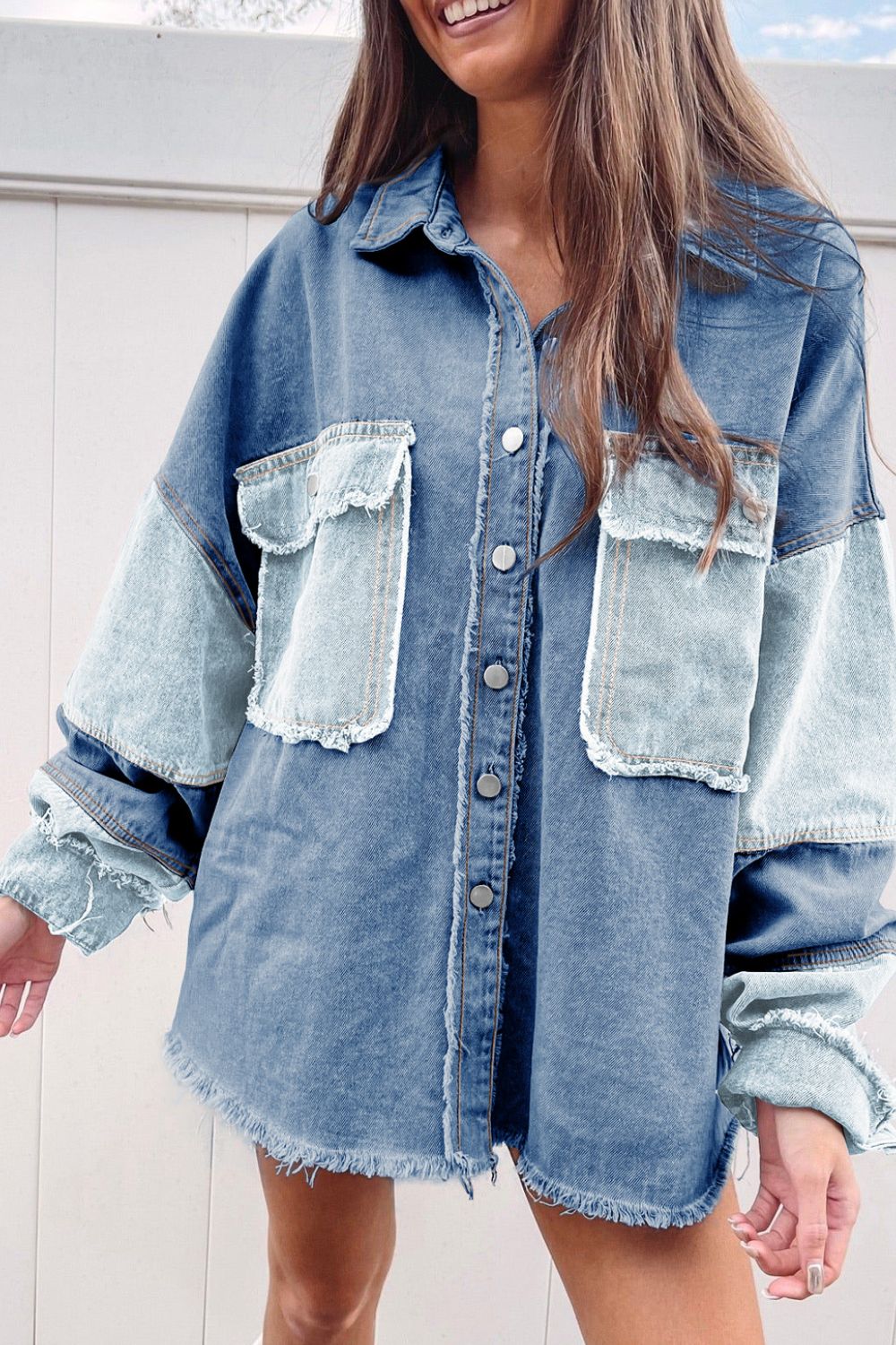 Raw Hem Color Block Denim Jacket