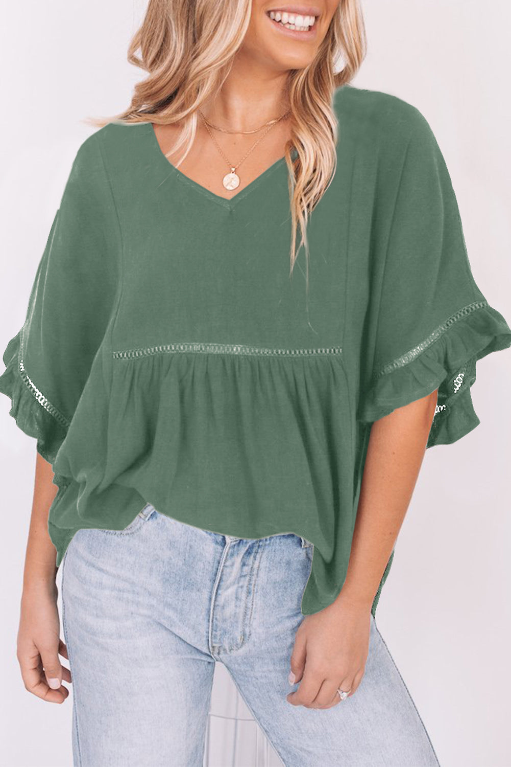 V-Neck Flounce Sleeve Babydoll Blouse