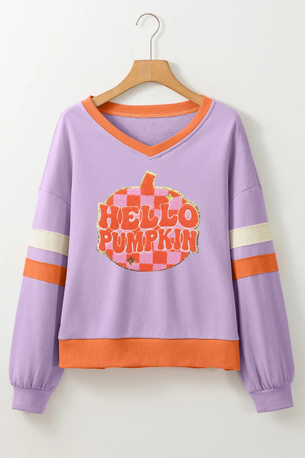 Pumpkin Contrast V-Neck Long Sleeve Sweatshirt