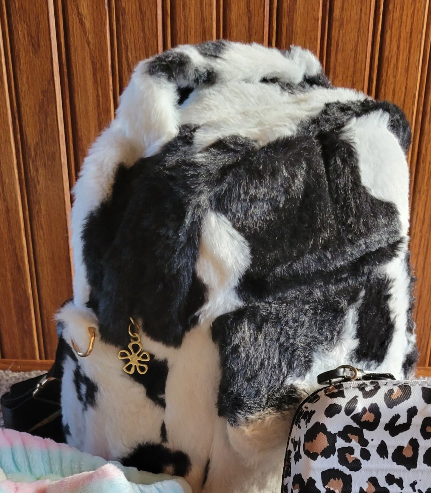 Fuzzy Cow Print Backpack