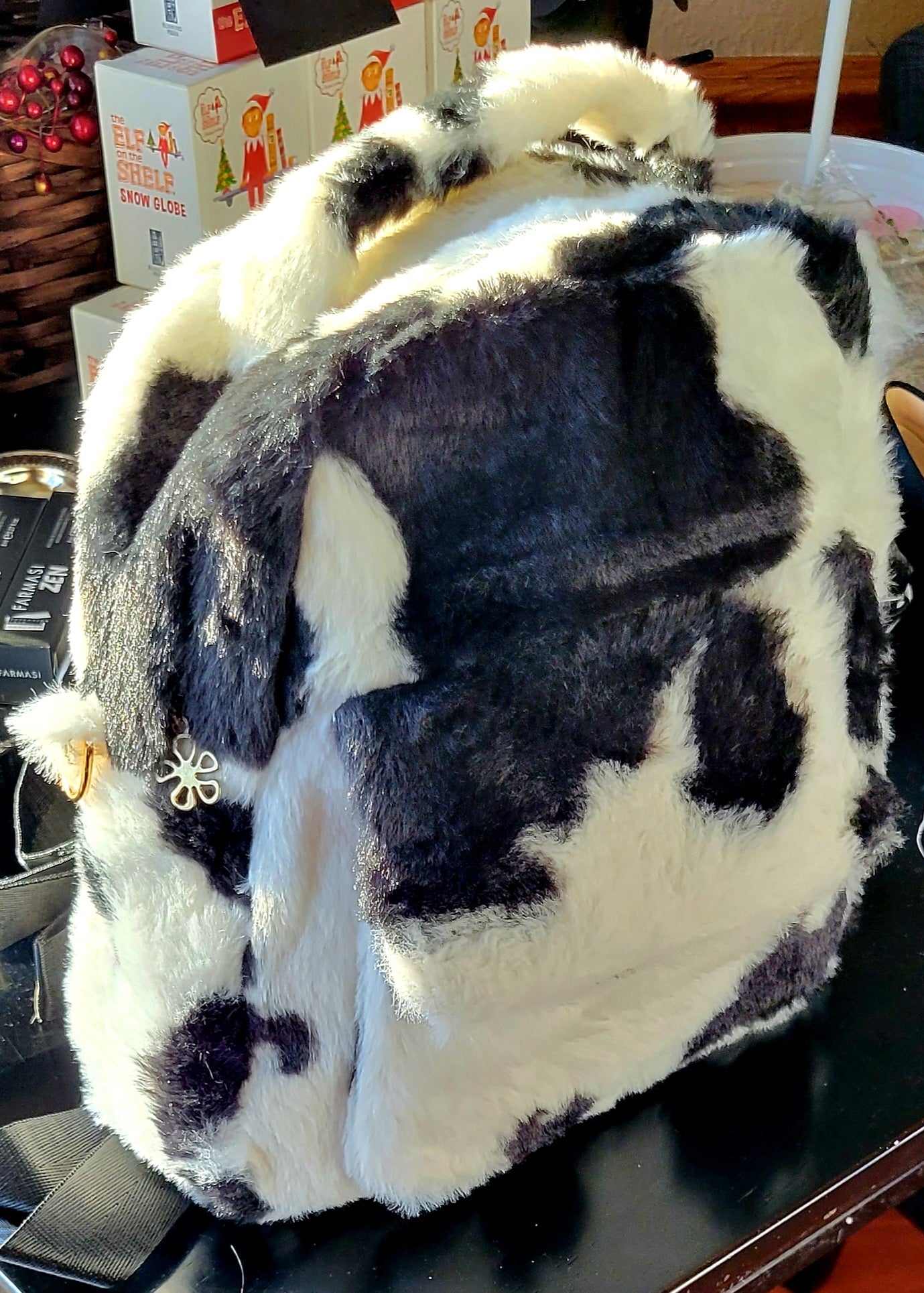 Fuzzy Cow Print Backpack