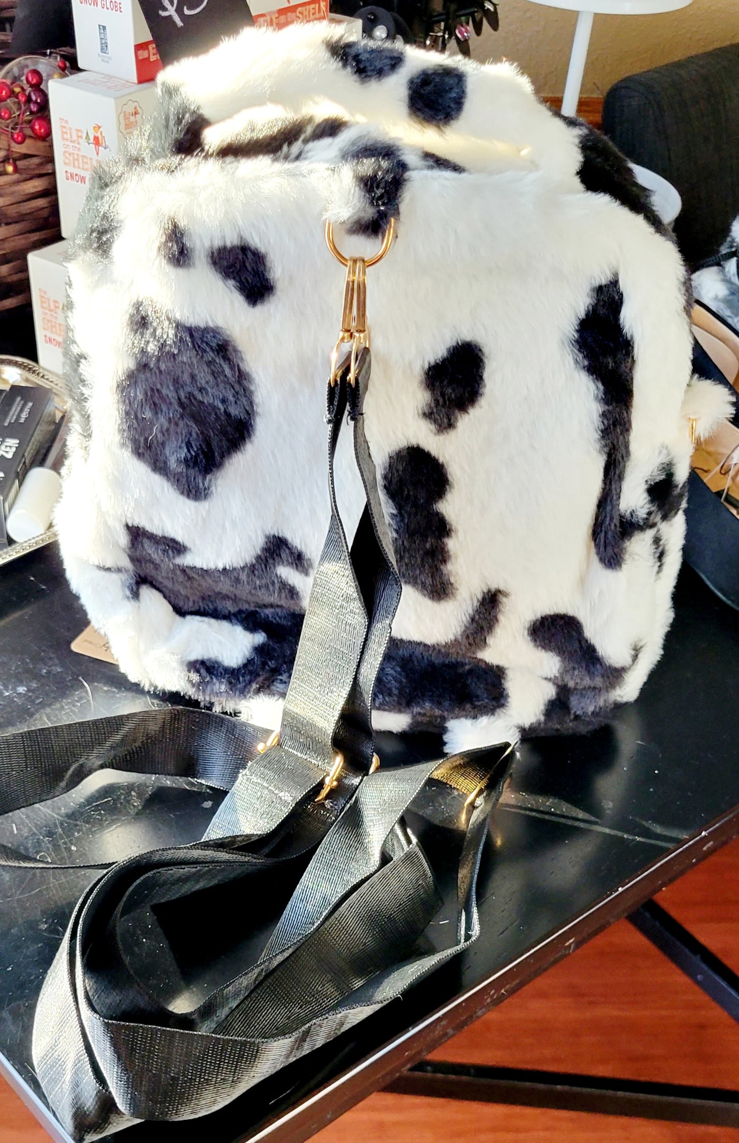 Fuzzy Cow Print Backpack