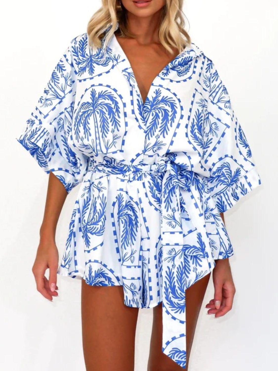 Printed Tie Waist Half Sleeve Romper