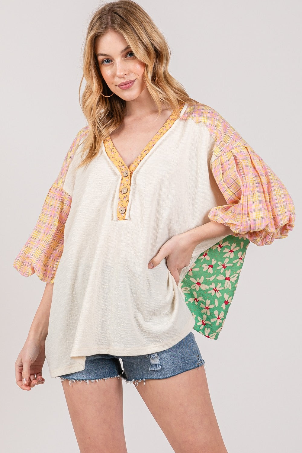 SAGE + FIG Color Block Bubble Sleeve Top