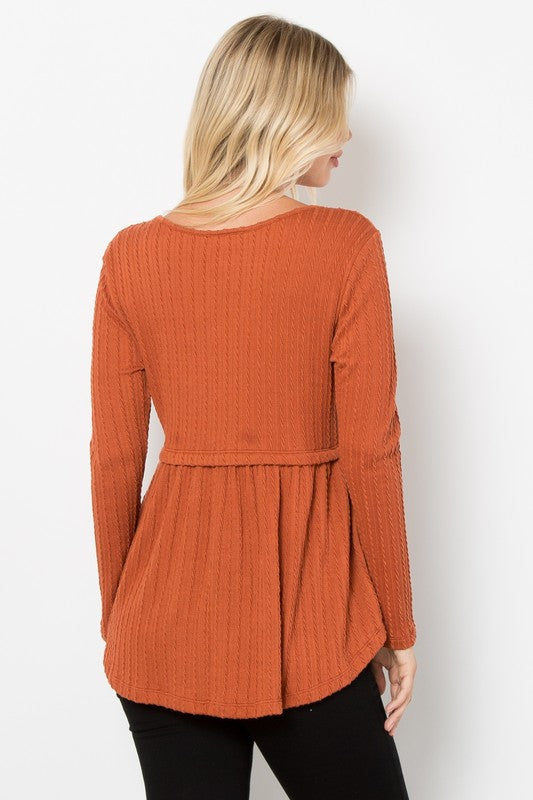 Be Stage Texture Babydoll Long Sleeve Knit Top