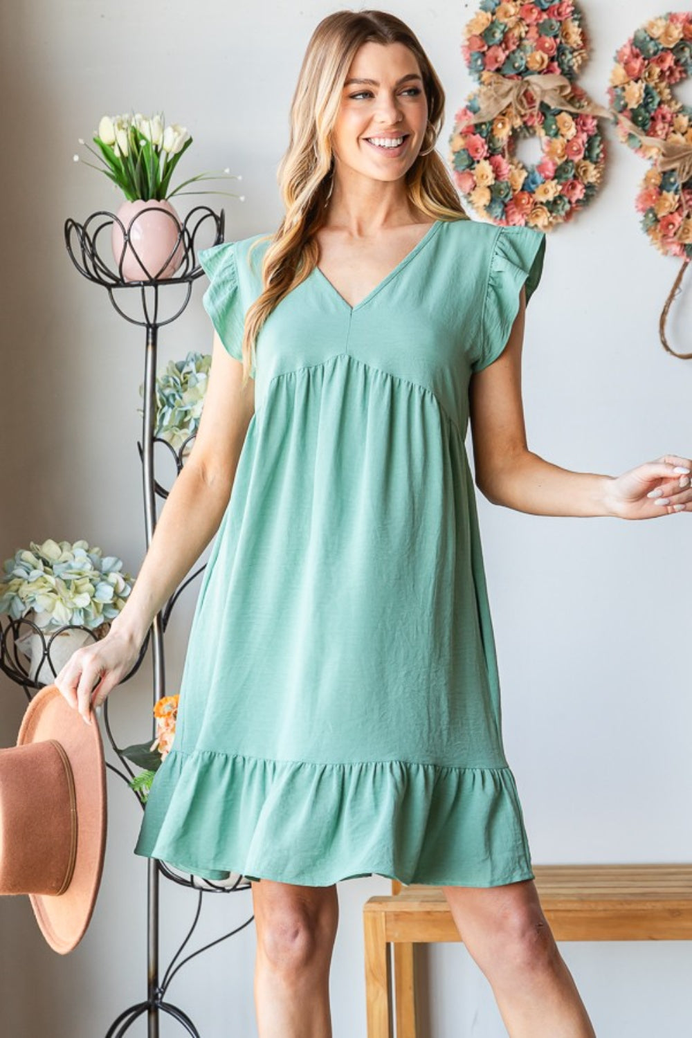 Heimish V Neck Ruffled Hem Dress