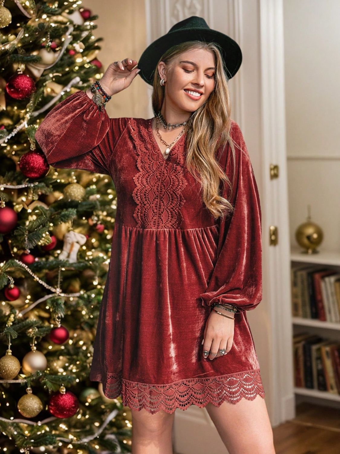 Plus Size Lace Detail V-Neck Long Sleeve Mini Dress