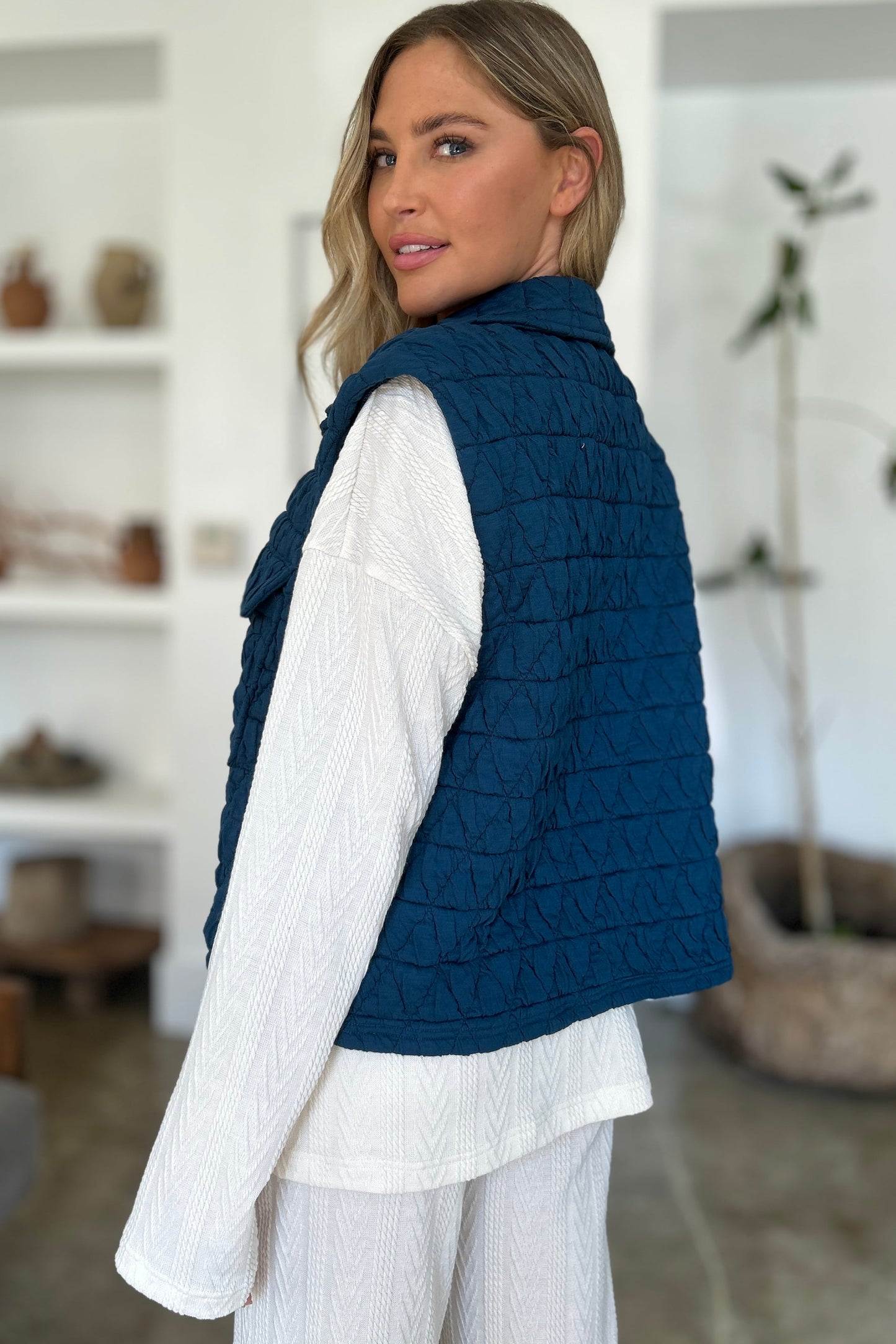 Double Take Pocketed Texture Snap Down Vest