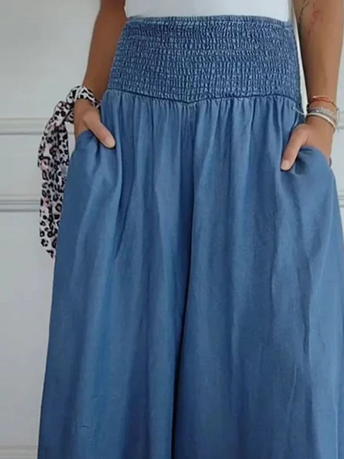 Smocked Wide Leg Pants with Pockets