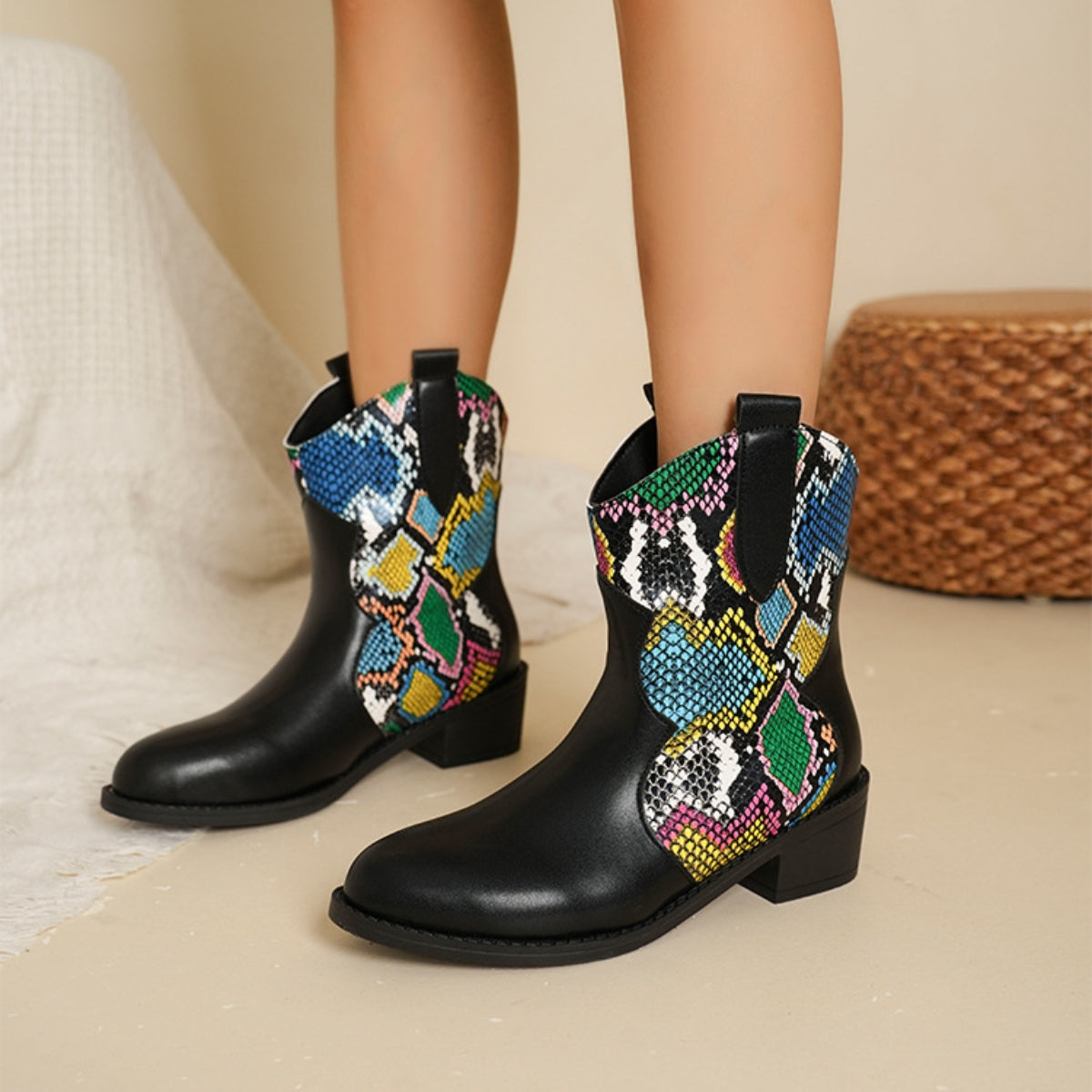 Faux Leather Color Block Boots