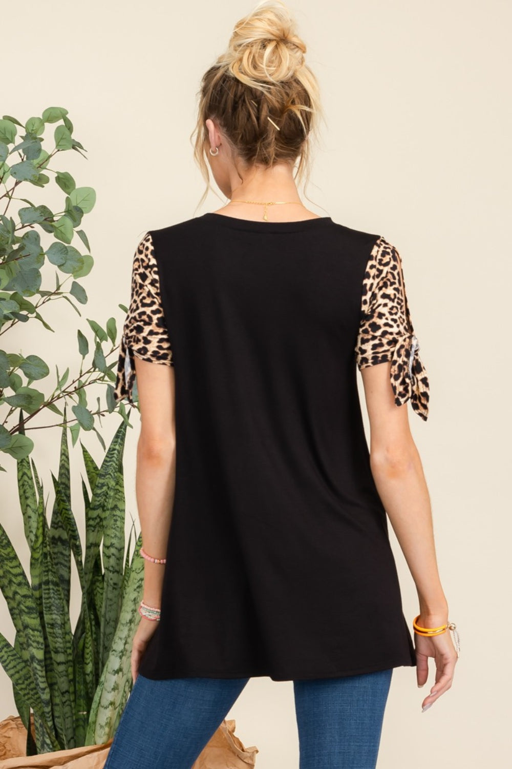 Celeste Open Tie Sleeve Leopard Color Blocked Top