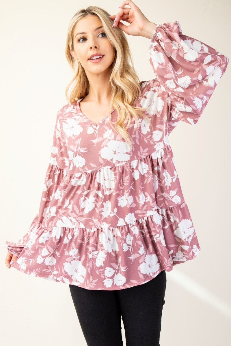 Celeste Tiered Floral V-Neck Long Sleeve Blouse