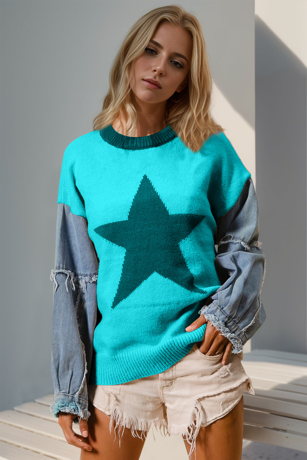 Double Take Star Pattern Raw Edge Long Sleeve Sweater