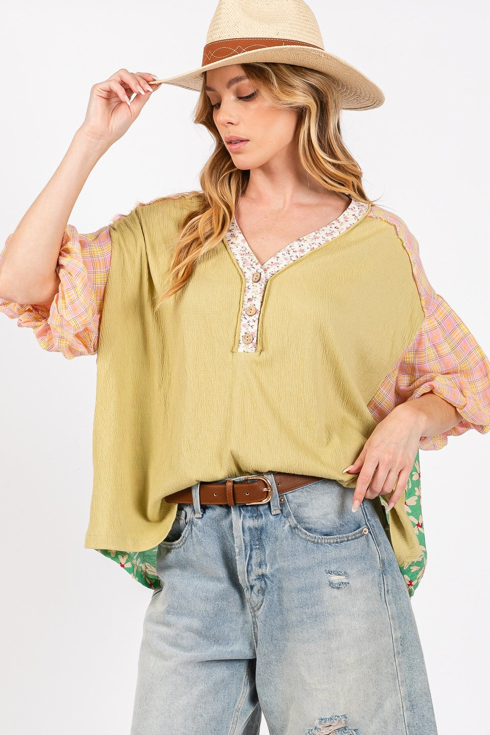 SAGE + FIG Color Block Bubble Sleeve Top