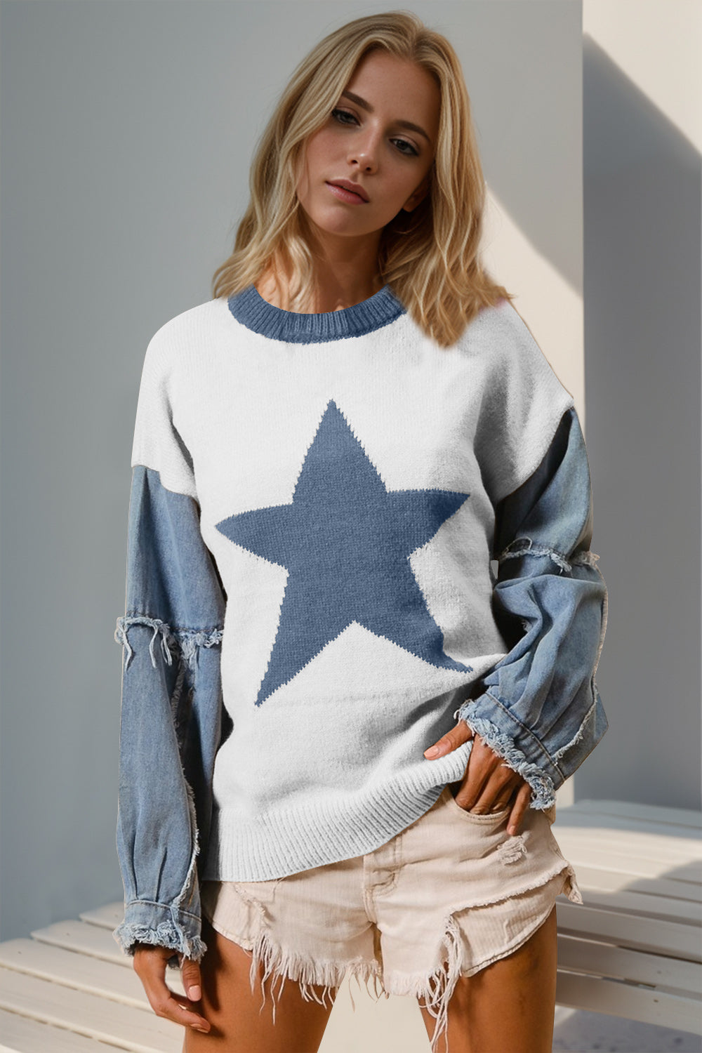 Double Take Star Pattern Raw Edge Long Sleeve Sweater