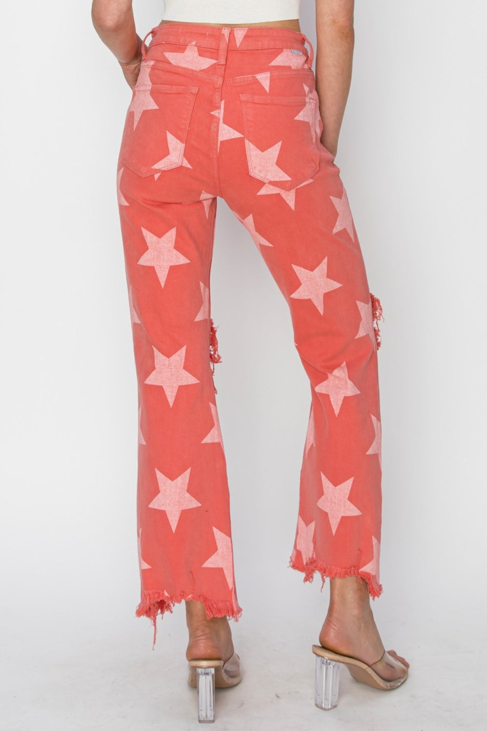 RISEN Distressed Raw Hem Star Pattern Jeans