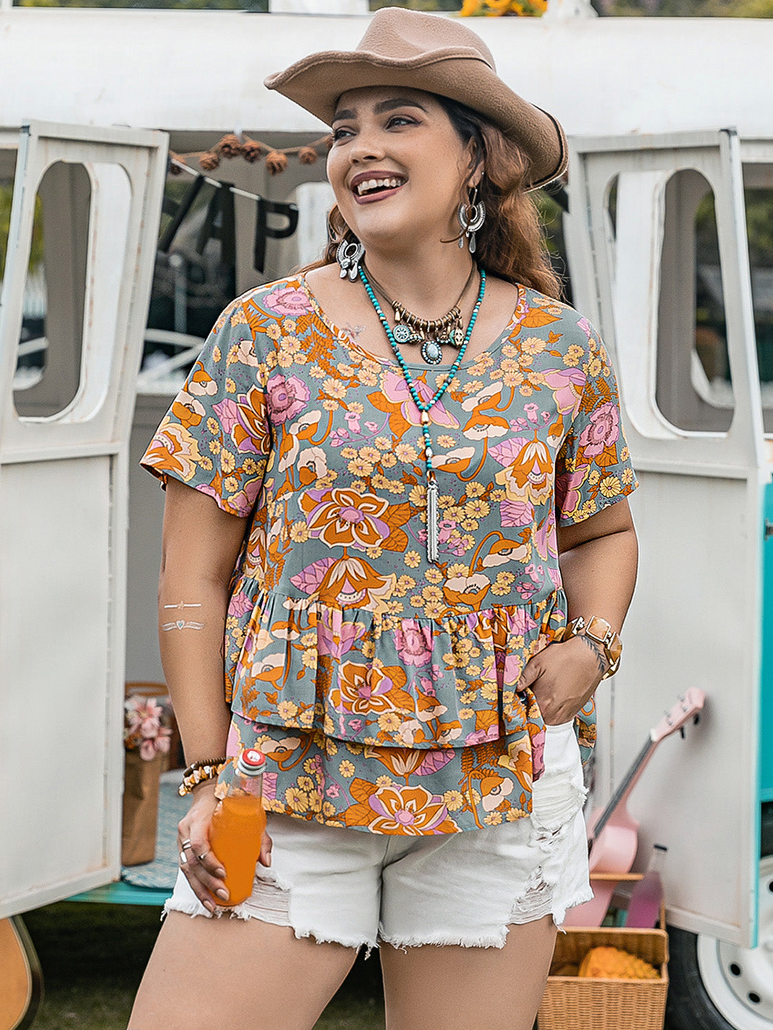 Plus Size Layered Floral Short Sleeve Blouse