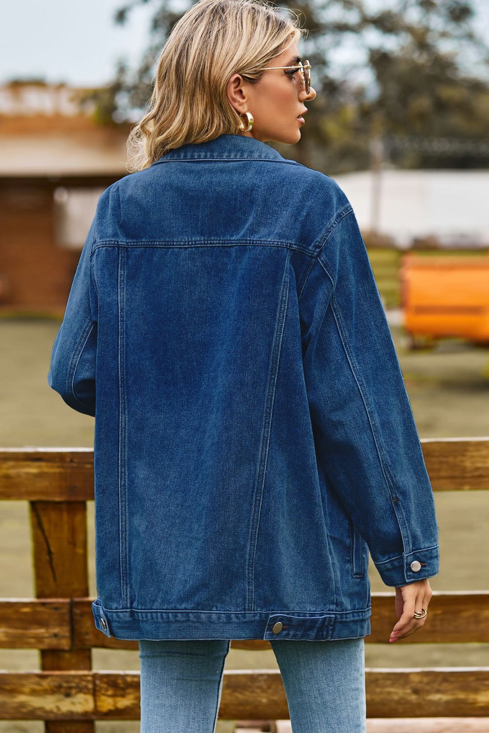 Buttoned Collared Neck Denim Jacket with Pockets