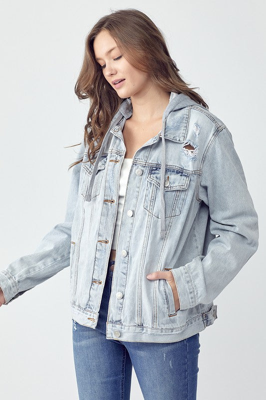 RISEN Distressed Drawstring Hooded Denim Jacket