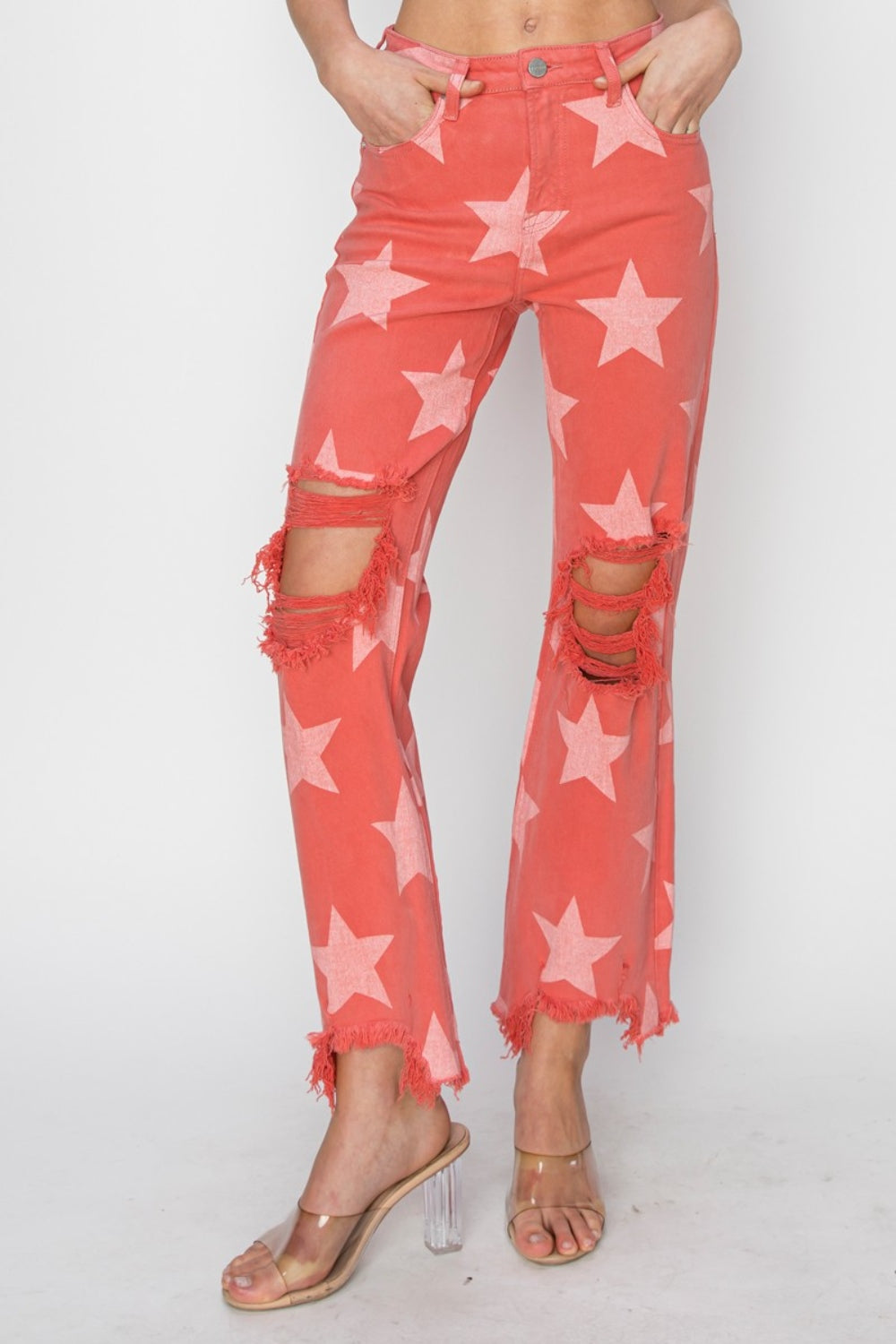 RISEN Distressed Raw Hem Star Pattern Jeans