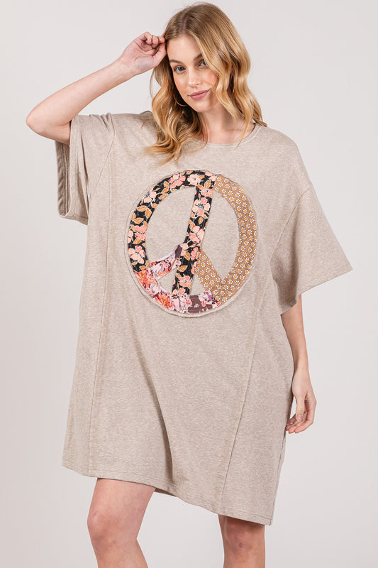 SAGE + FIG Peace Sign Applique Short Sleeve Tee Dress