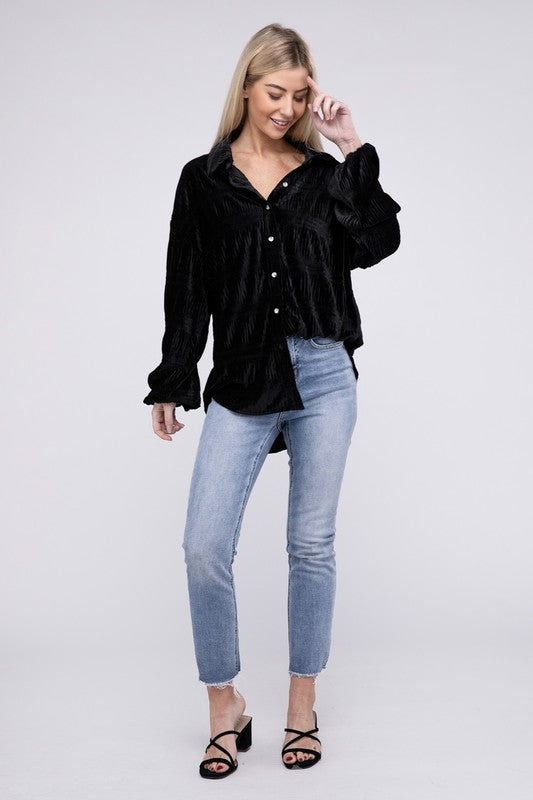 Wrinkle Effect Tiered Shirring Velvet Shirt by Bibi