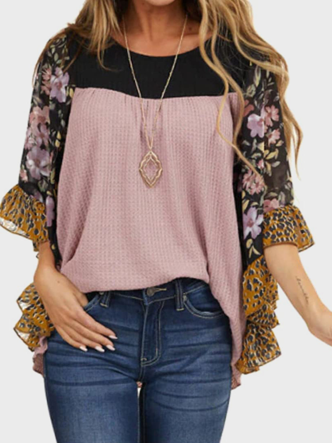 Printed Round Neck Three-Quarter Sleeve Blouse