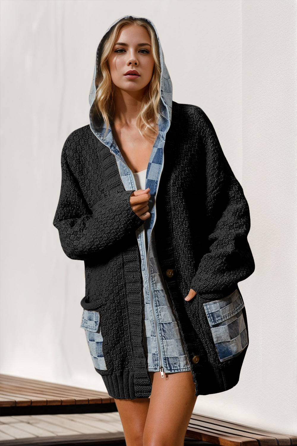 Double Take Hooded Denim Spliced Sweater Cardigan