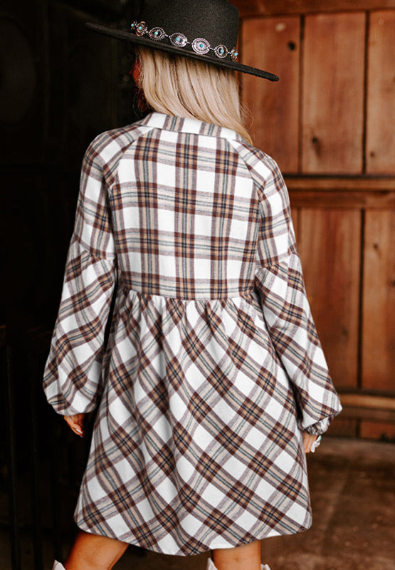 Plaid Collared Balloon Sleeve Mini Shirt Dress