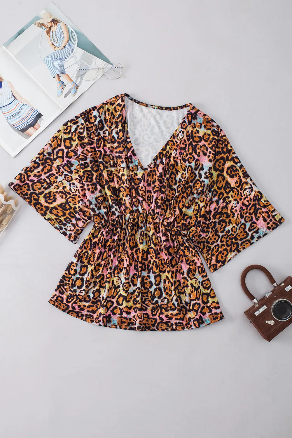 Leopard V-Neck Half Sleeve Blouse