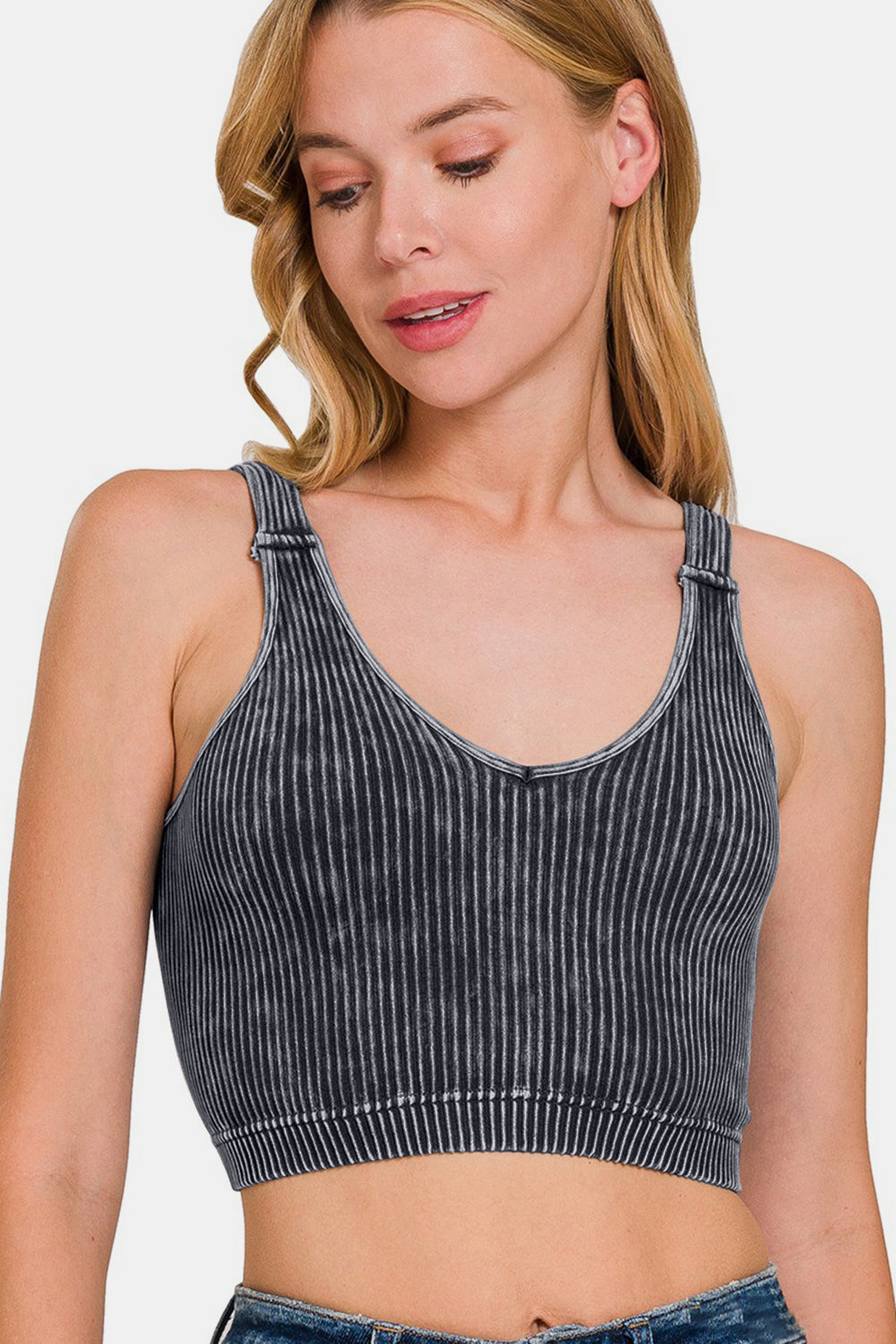 Zenana Washed Ribbed Cropped V-Neck Brami