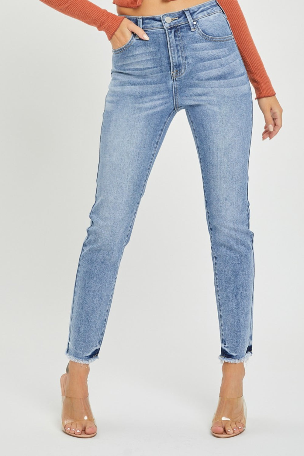 RISEN High Rise Frayed Hem Skinny Jeans