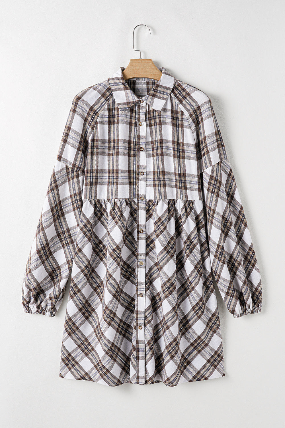 Plaid Collared Balloon Sleeve Mini Shirt Dress