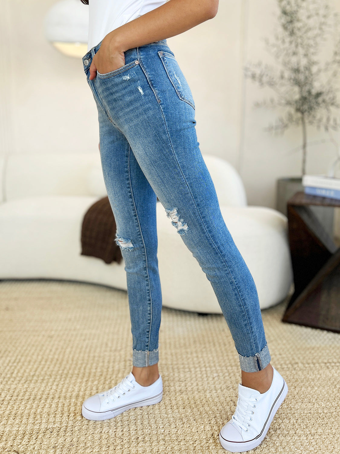 Judy Blue Mid Rise Destroy & Cuff Skinny Jeans