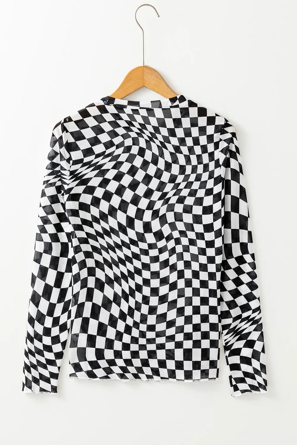 Checkered Mock Neck Long Sleeve Blouse