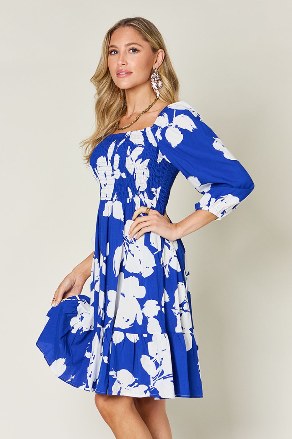 Double Take Floral Ruffle Hem Smocked Dress with Pockets