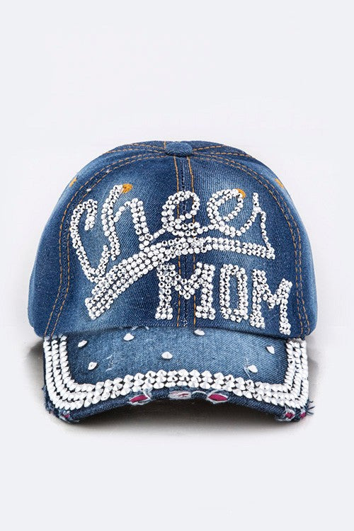 Crystal Cheer MOM Embellished Denim Cap