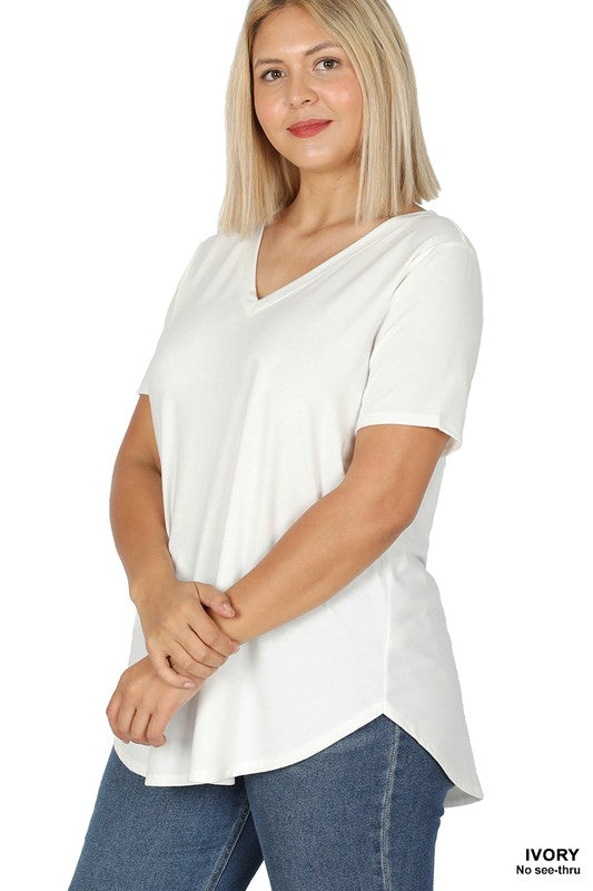 Plus Short Sleeve V-Neck Round Hem Top