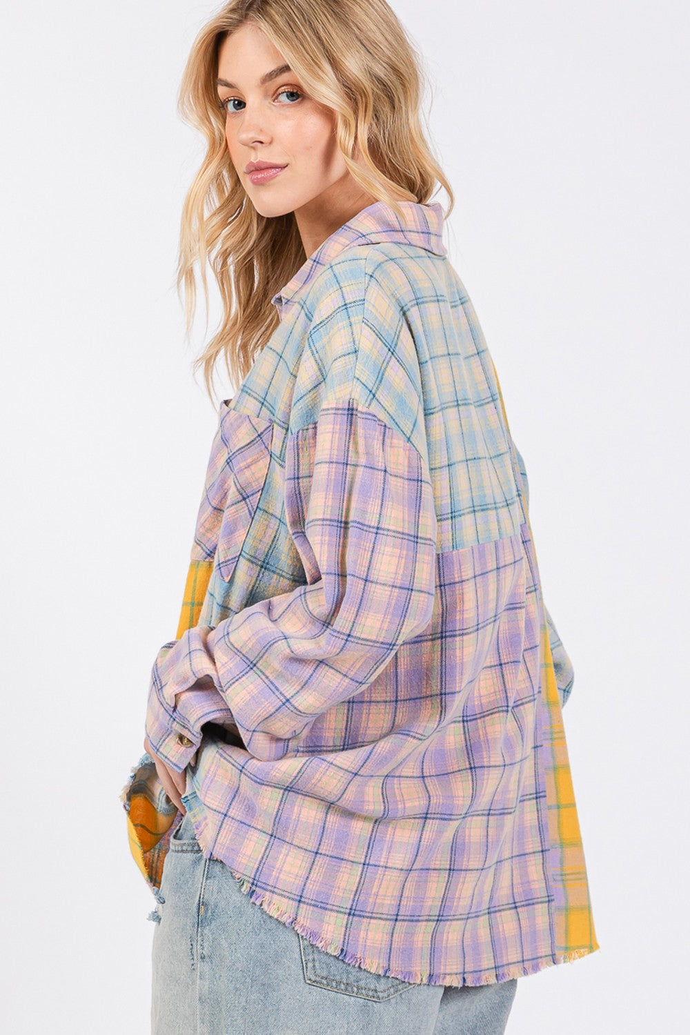 SAGE + FIG Button Up Raw Hem Plaid Flannel Shirt