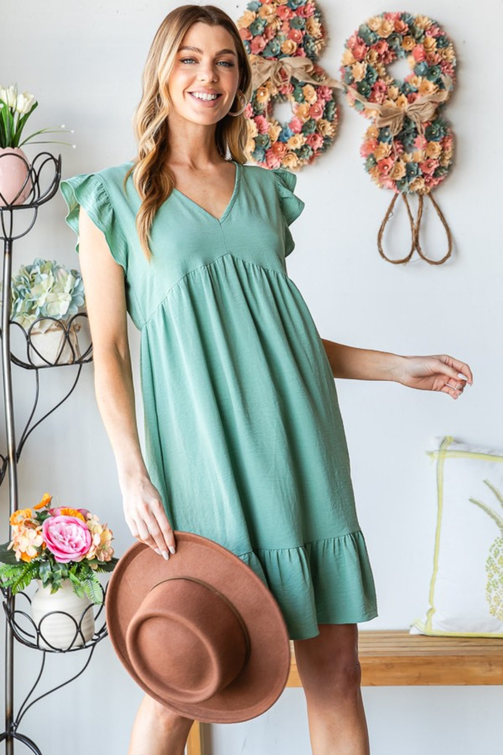 Heimish V Neck Ruffled Hem Dress