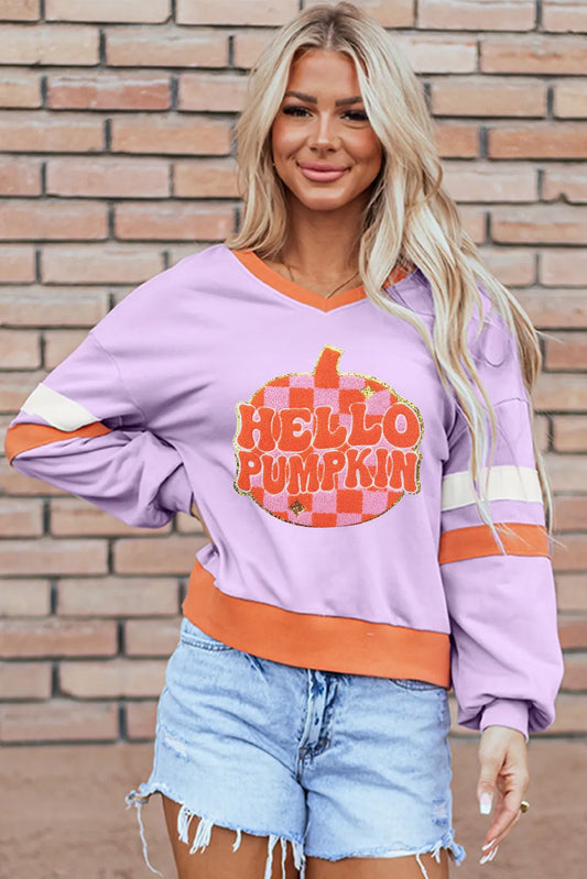 Pumpkin Contrast V-Neck Long Sleeve Sweatshirt